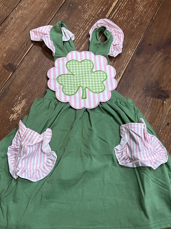 Pink striped shamrock applique green dress