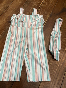 Coral teal striped jumpsuit