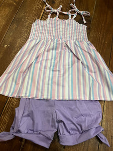 Purple pink striped smocked girl short set