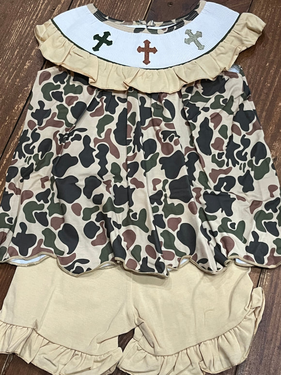 Camo cross smocked girl short set