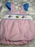 Hand smocked pink gingham girl fish bubble