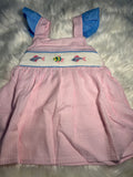 Hand smocked fish pink gingham dress