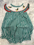 Hand smocked green gingham duck bubble