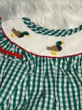 Hand smocked green gingham duck bubble
