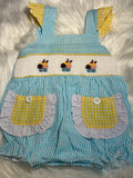 Hand smocked cupcake blue yellow gingham bubble