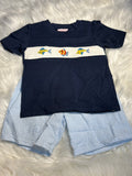 Boys hand smocked navy fish boy short set