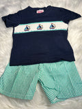 Hand smocked sailboat boys green navy short set