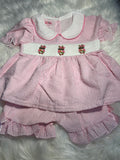 Pink gingham hand smocked collared bunny trio girl short set
