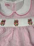 Pink gingham hand smocked collared bunny trio girl short set