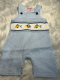 Blue gingham hand smocked fish trio shortall