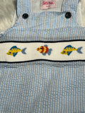 Blue gingham hand smocked fish trio shortall