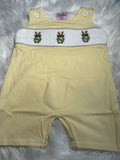Yellow hand smocked boys bunny shortall