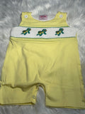 Yellow turtle hand smocked boys shortall