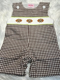 Boy hand smocked brown gingham trio shortall dog