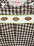 Boy hand smocked brown gingham trio shortall dog
