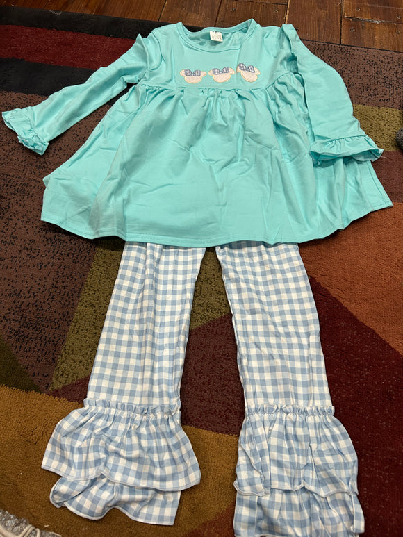 6/7 blue gingham mouse girl ruffle pant set