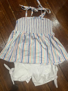 Purple coral smocked white short set stripe