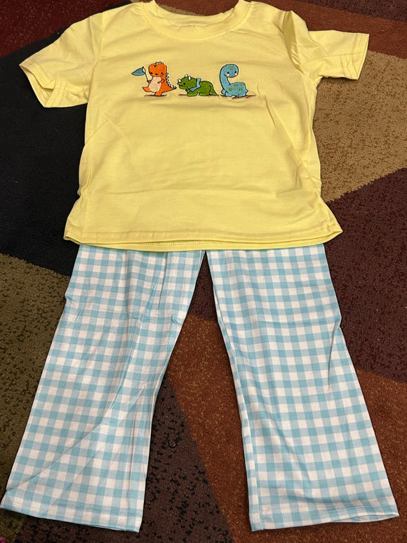 Yellow blue gingham dinosaur boy pant set