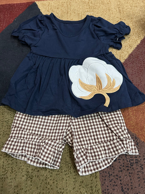 Cotton navy applique girl short set