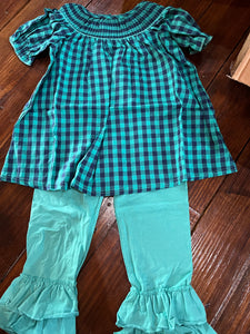 5t green plaid smock pant set