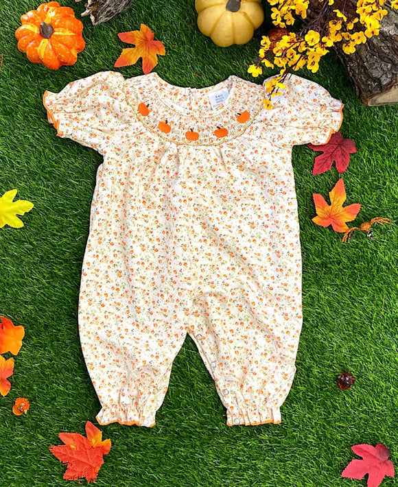 Floral smocked pumpkin long romper