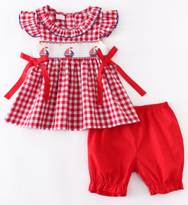 Smocked sailboat bloomer set