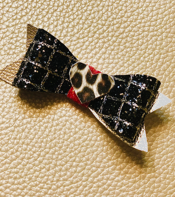 Leopard heart 3.5 inch faux leather bow on clip