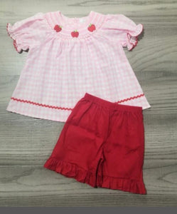 Smocked apple pink red shorts set