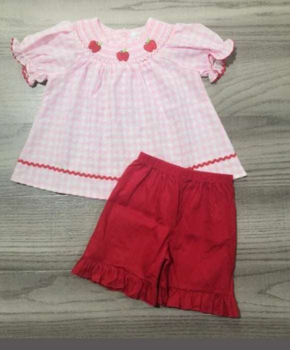 Smocked apple pink red shorts set