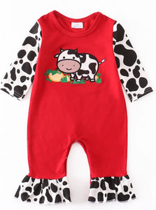 Cow print red ruffle romper