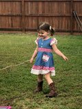 Denim and red check dress with lace ruffle