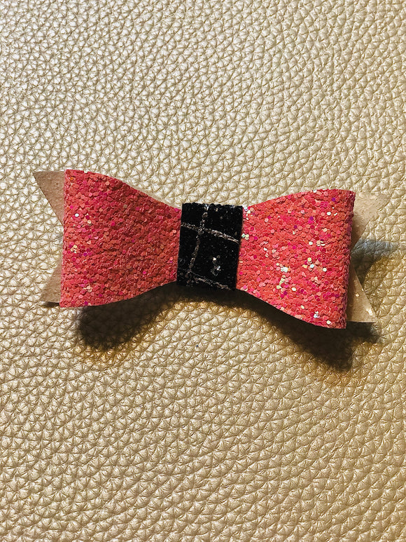 Pink, black and white glitter faux leather 3.5 inch bow