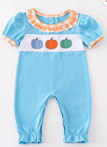 Embroidered blue pumpkin romper