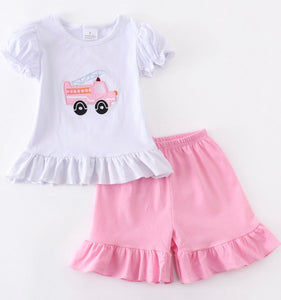 Fire truck applique shorts set