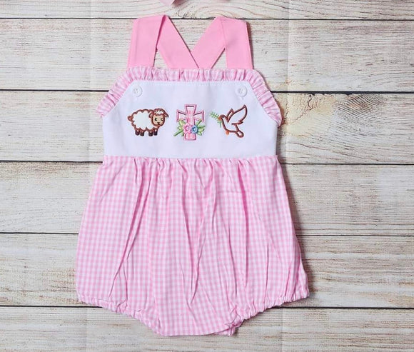 Girls embroidered cross gingham bubble