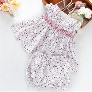 Smocked floral white floral red smock set