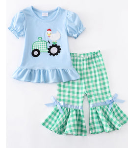 Chicken tractor blue ruffle Capri set