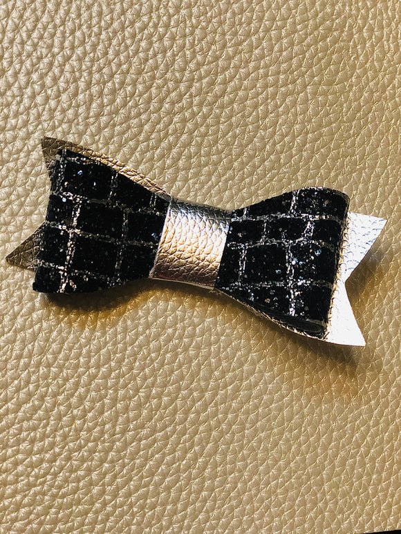 Silver and black faux leather 3.5 inch bow