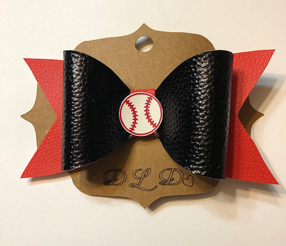 Faux leather baseball bow on clip