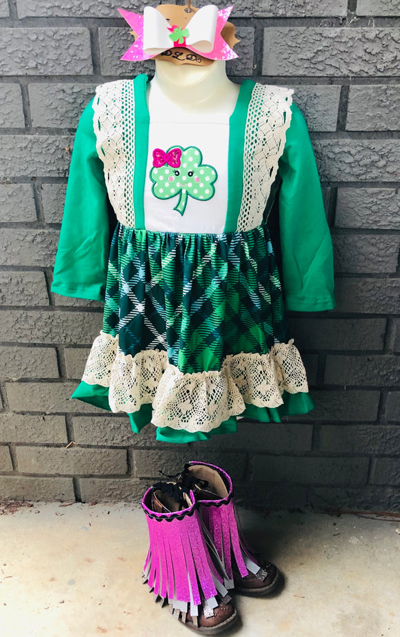 Clover St. Patrick’s outfit appliqué dress with lace trim