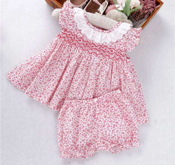 Smocked red and white bloomer set