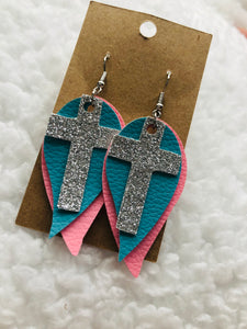 Spring/Easter Cross faux leather earrings