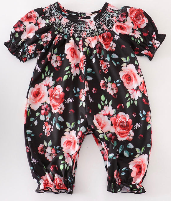 Smocked black floral romper