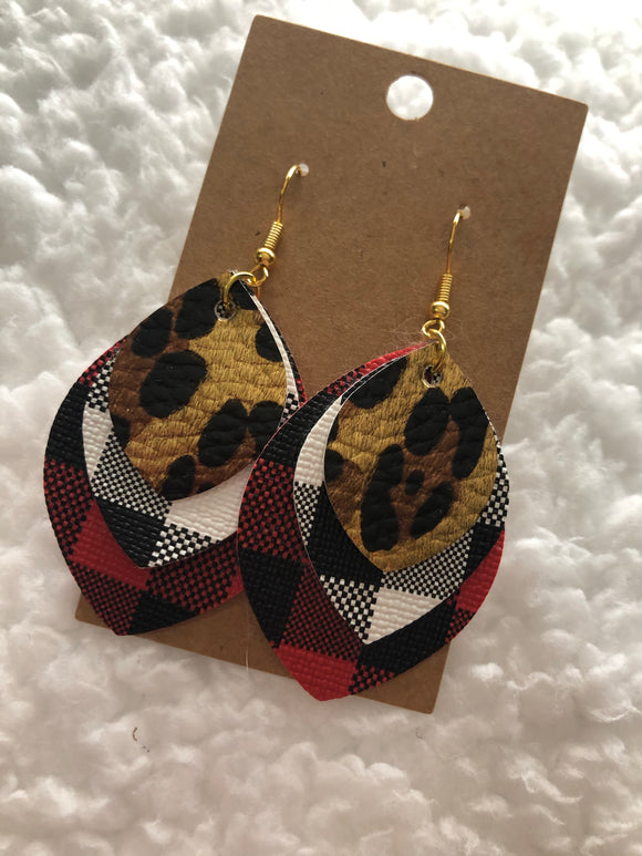 Triple layer leopard/buffalo plaid earrings