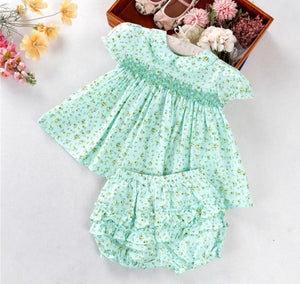 Mint floral ruffle bloomer smocked set