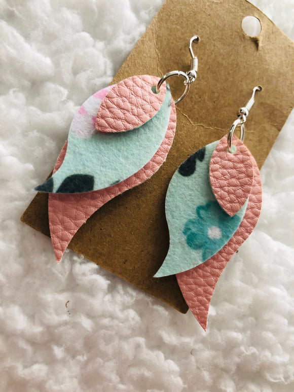 Pastel pink and blue floral triple layer earrings