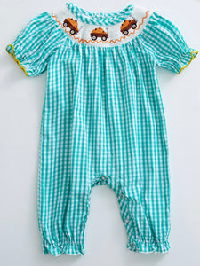 Green plaid smocked pumpkin wagon romper