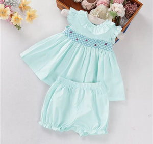 Solid Mint smocked bloomer set