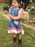 Denim and red check dress with lace ruffle