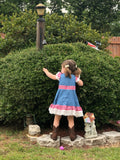 Denim and red check dress with lace ruffle